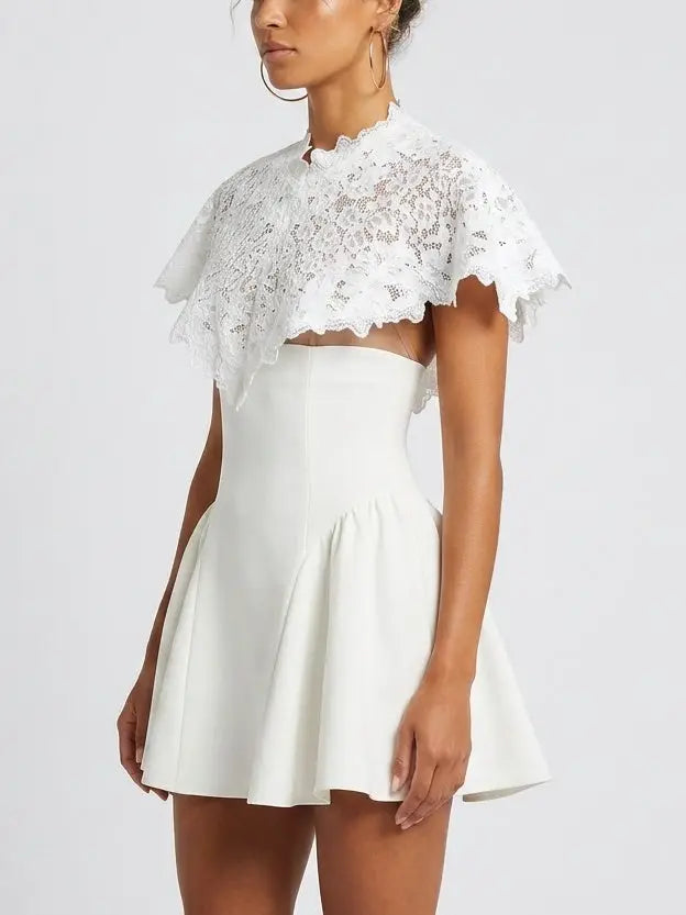 White Lace Cape fit and Flared Mini Dress - Dresses