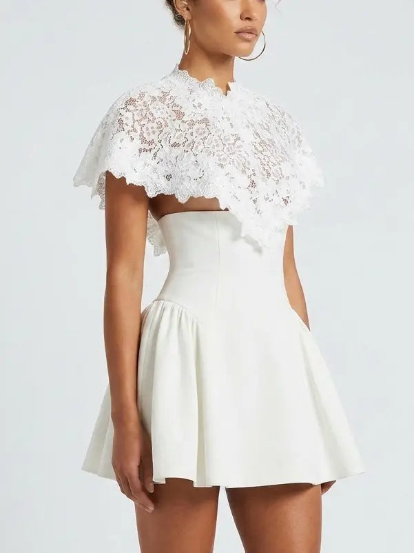 White Lace Cape fit and Flared Mini Dress - Dresses