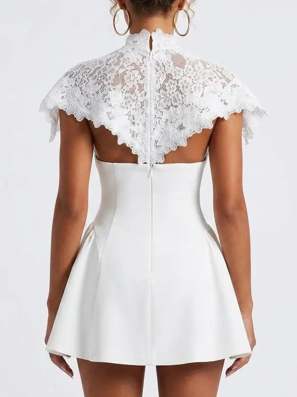 White Lace Cape fit and Flared Mini Dress - Dresses