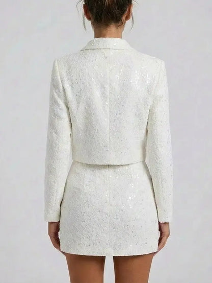 White Lace Jacket and Skirt Set with Crystal Buttons - Suits & Sets