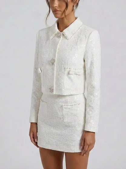 White Lace Jacket and Skirt Set with Crystal Buttons - Suits & Sets