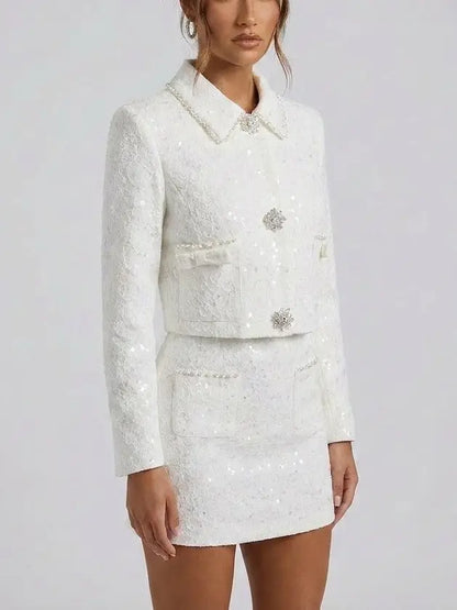 White Lace Jacket and Skirt Set with Crystal Buttons - Suits & Sets