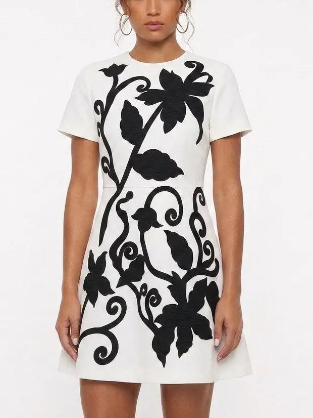 White Mini Dress with Black Floral Embroidery - Dresses