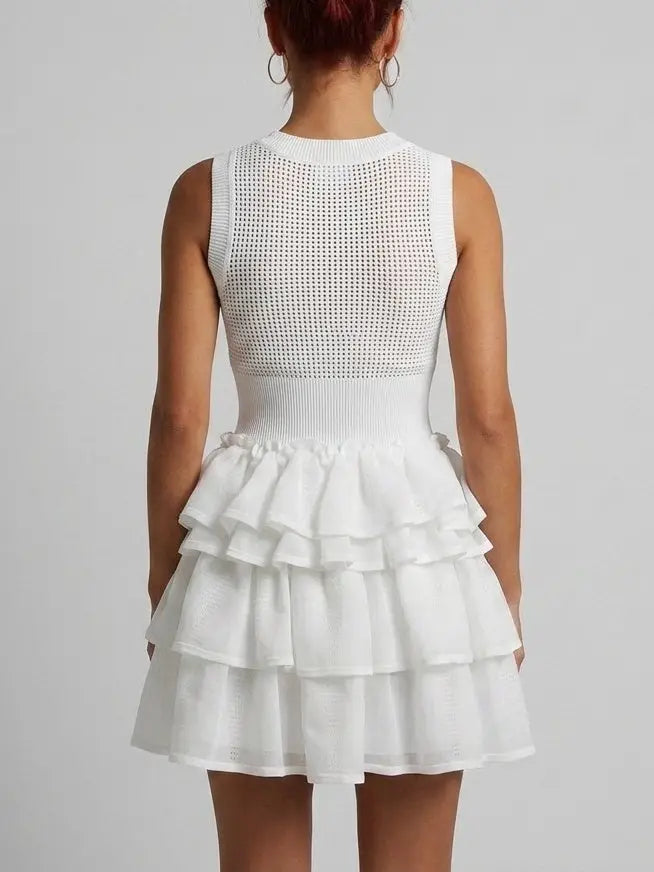 White Open Knit Tiered Ruffle Mini Dress - Dresses