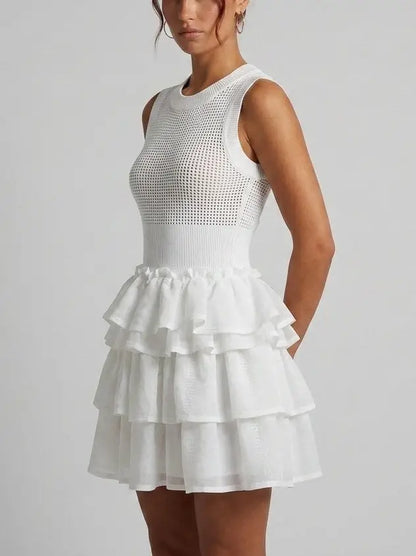 White Open Knit Tiered Ruffle Mini Dress - Dresses