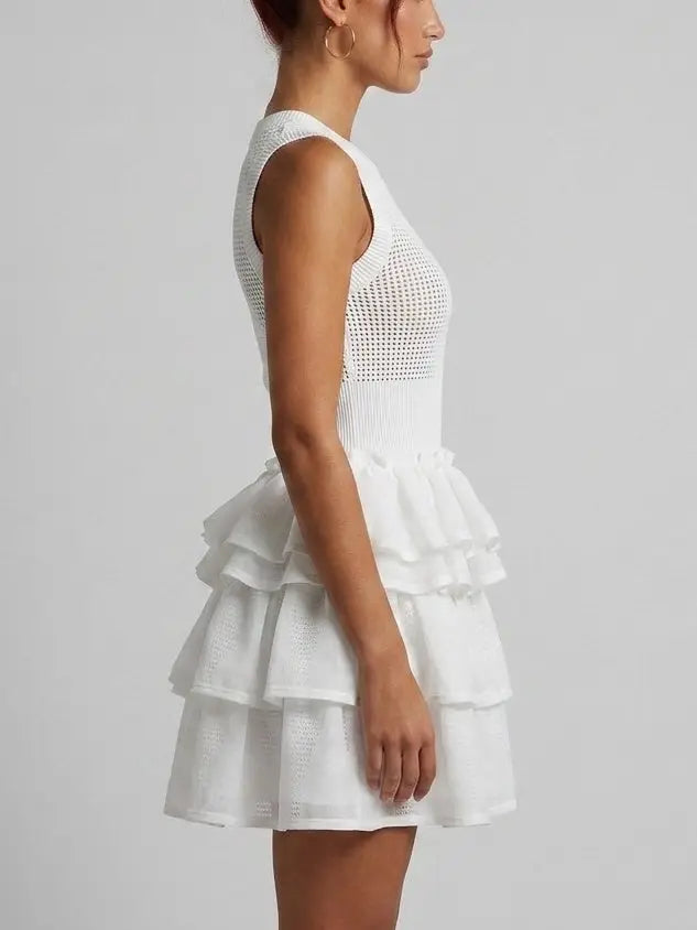 White Open Knit Tiered Ruffle Mini Dress - Dresses
