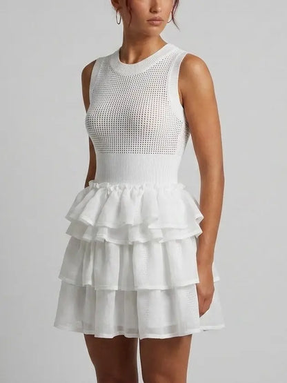 White Open Knit Tiered Ruffle Mini Dress - Dresses