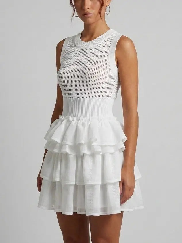 White Open Knit Tiered Ruffle Mini Dress - Dresses