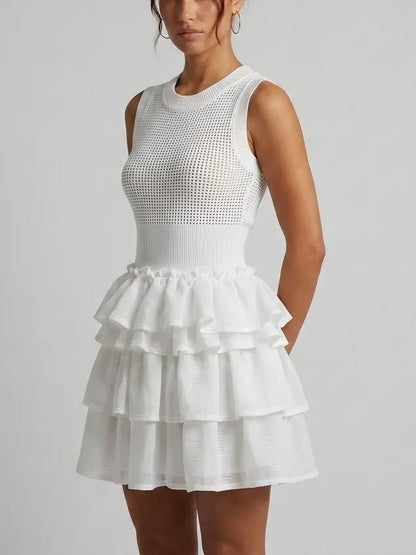 White Open Knit Tiered Ruffle Mini Dress - Dresses