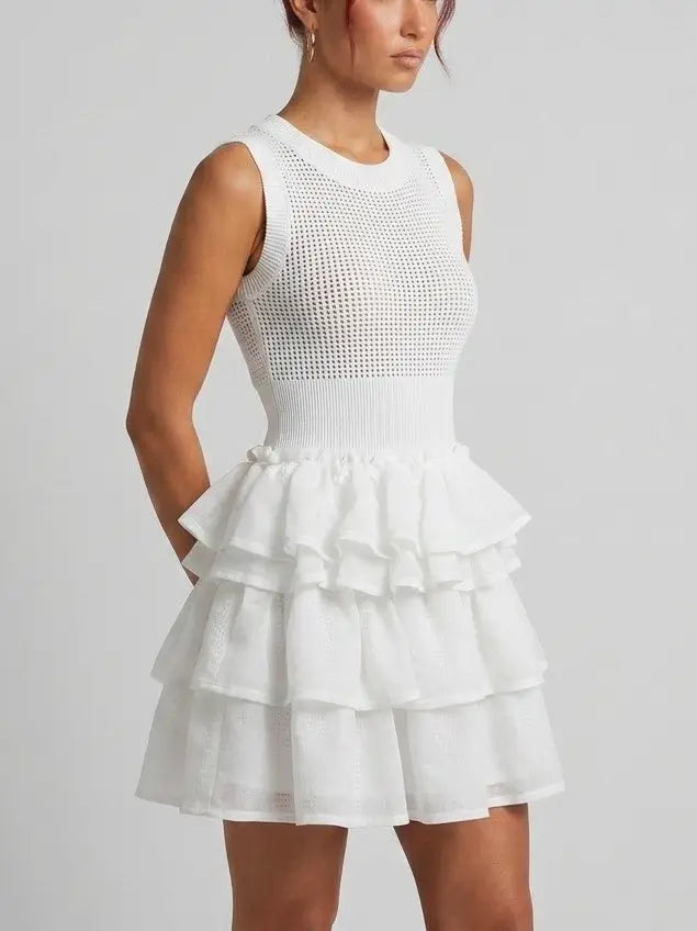 White Open Knit Tiered Ruffle Mini Dress - Dresses