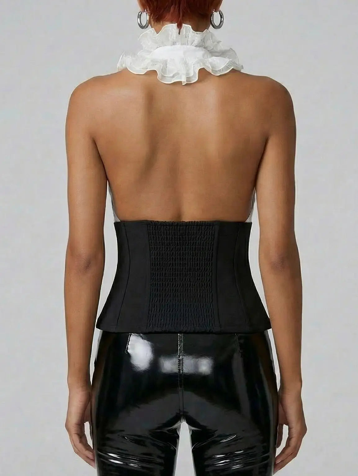 White Ruffle Halter Corset Top with Black Waist Panel - Tops