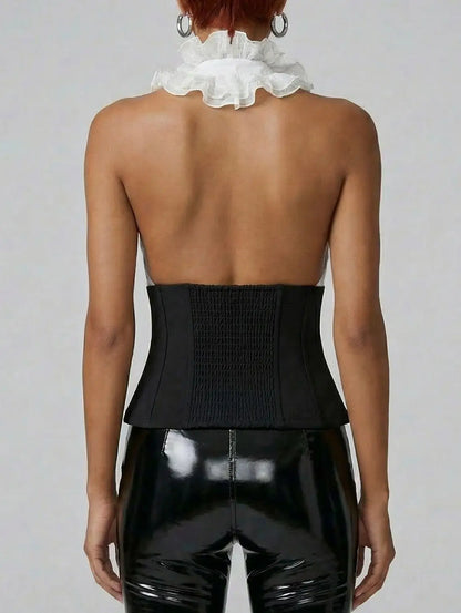 White Ruffle Halter Corset Top with Black Waist Panel - Tops