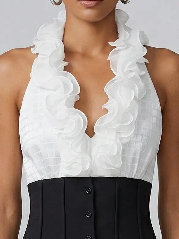 White Ruffle Halter Corset Top with Black Waist Panel - Tops