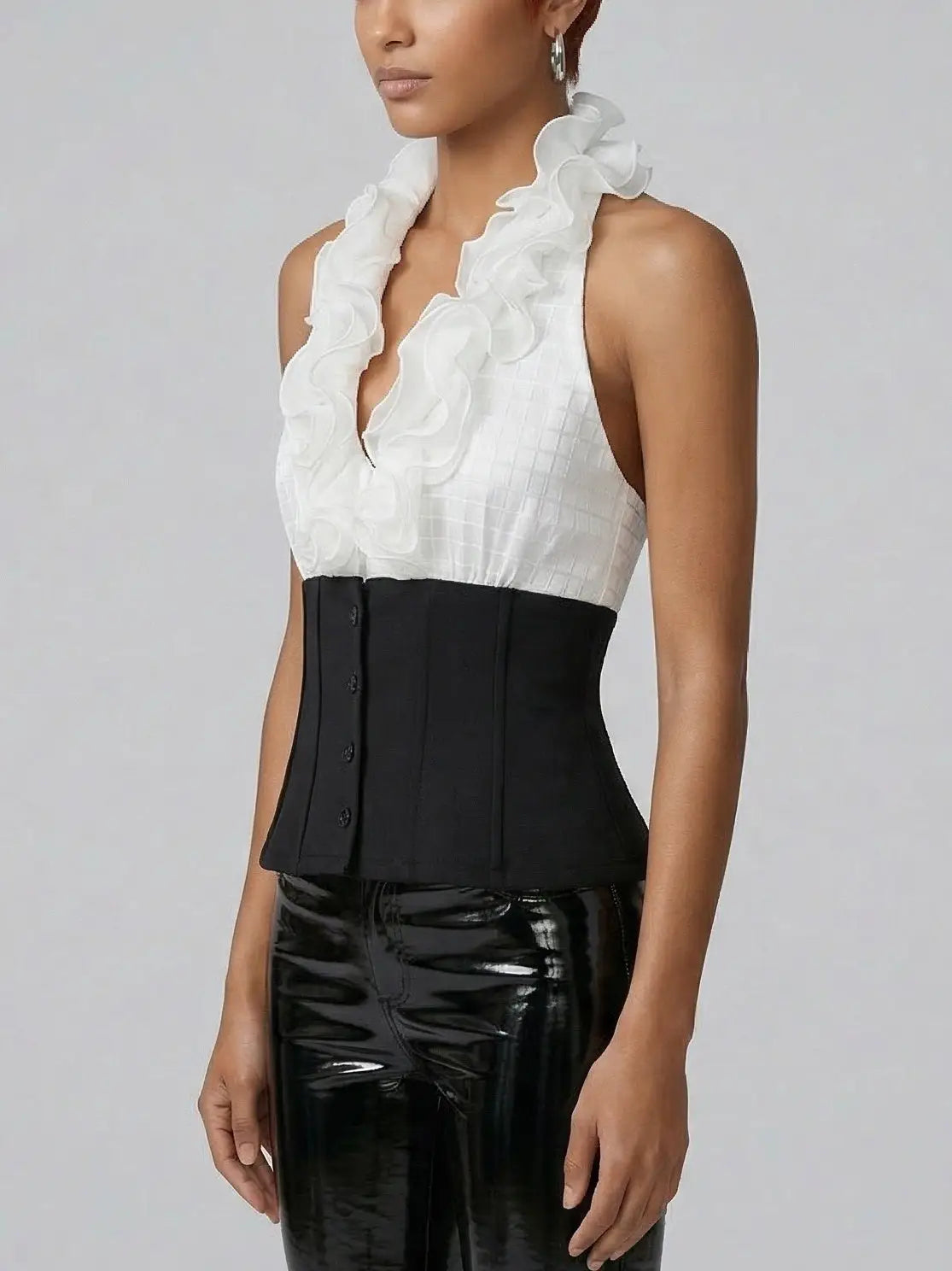 White Ruffle Halter Corset Top with Black Waist Panel - Tops