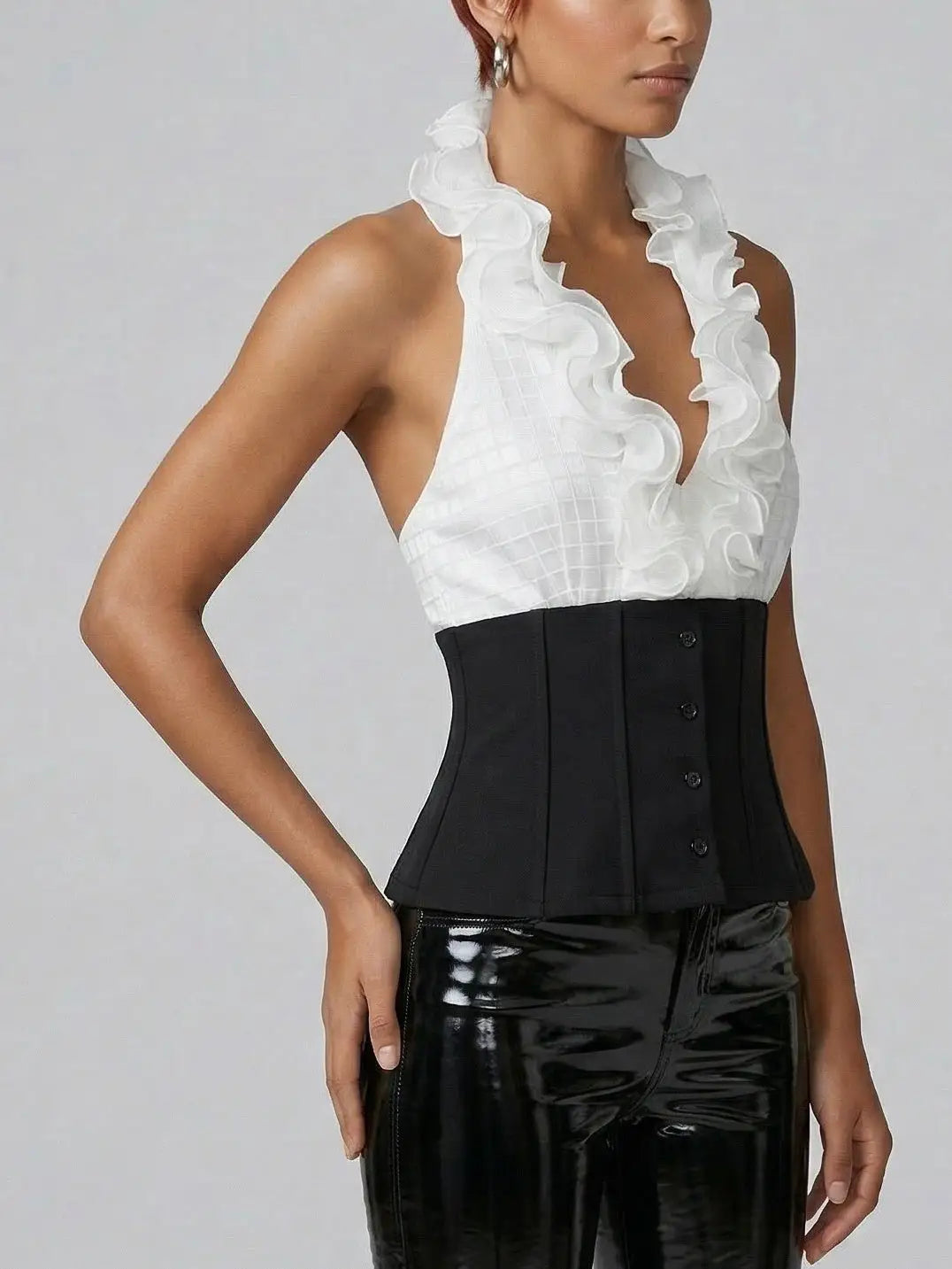 White Ruffle Halter Corset Top with Black Waist Panel - Tops