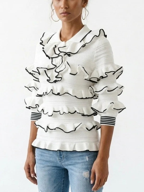 White Ruffled Knit Polo Sweater - Sweaters & Knitwear
