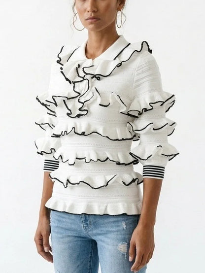 White Ruffled Knit Polo Sweater - Sweaters & Knitwear