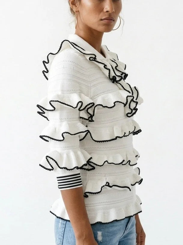 White Ruffled Knit Polo Sweater - Sweaters & Knitwear