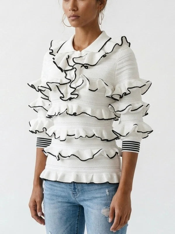 White Ruffled Knit Polo Sweater - Sweaters & Knitwear