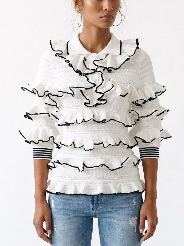 White Ruffled Knit Polo Sweater - Sweaters & Knitwear