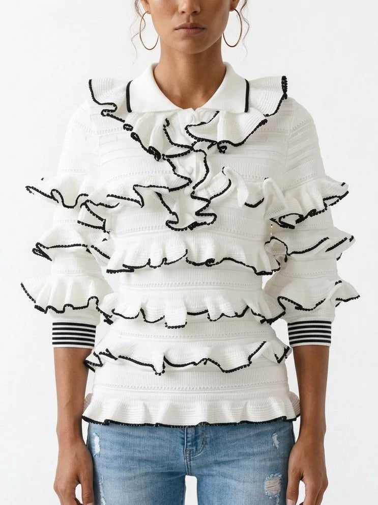 White Ruffled Knit Polo Sweater - Sweaters & Knitwear