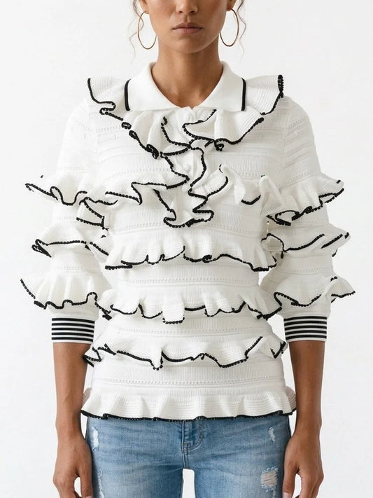 White Ruffled Knit Polo Sweater - Sweaters & Knitwear