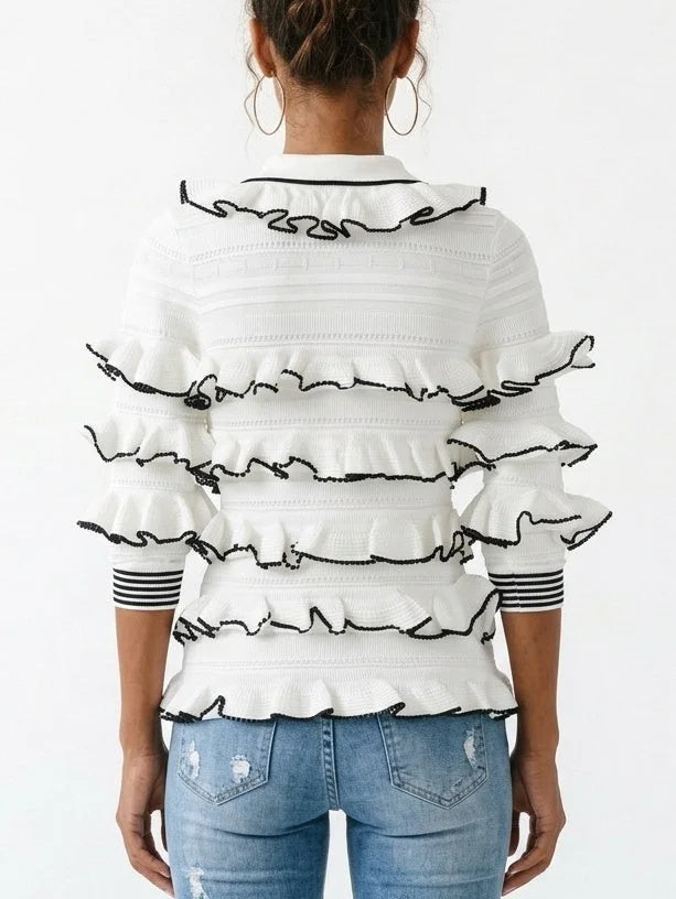 White Ruffled Knit Polo Sweater - Sweaters & Knitwear