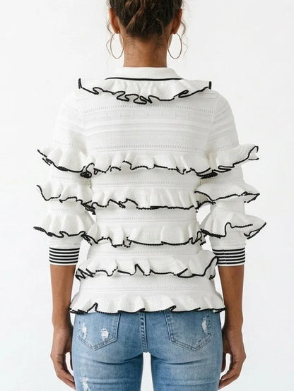 White Ruffled Knit Polo Sweater - Sweaters & Knitwear