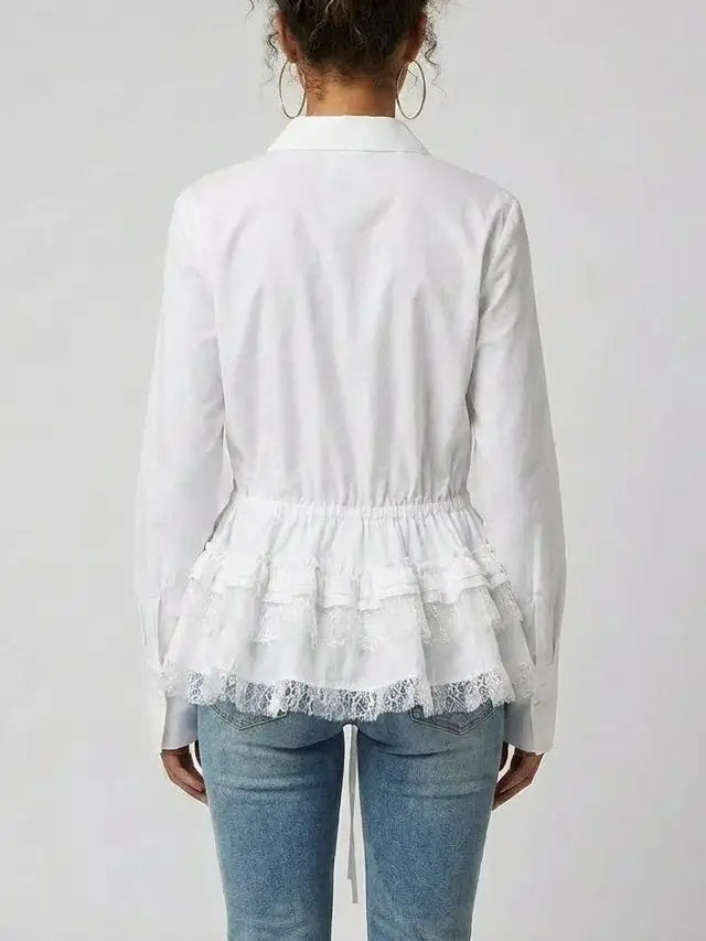 Ruffled White Cotton Shirt - Tops