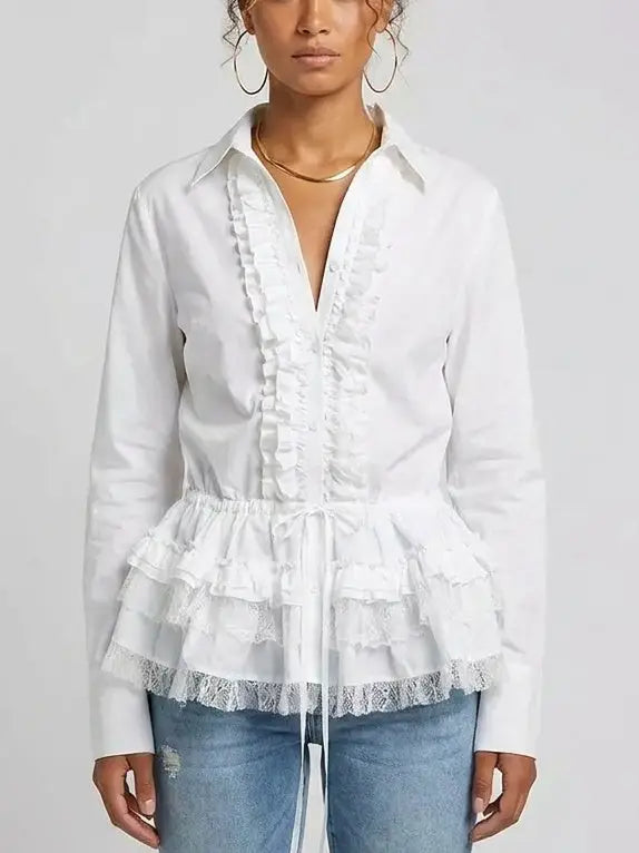 Ruffled White Cotton Shirt - Tops