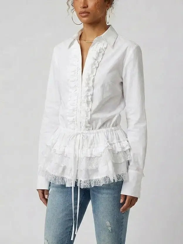 Ruffled White Cotton Shirt - Tops