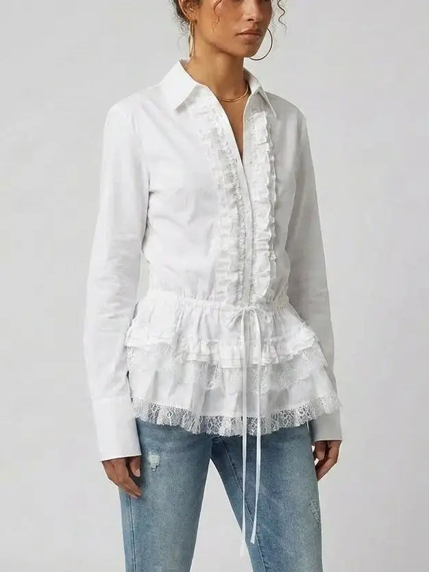 Ruffled White Cotton Shirt - Tops