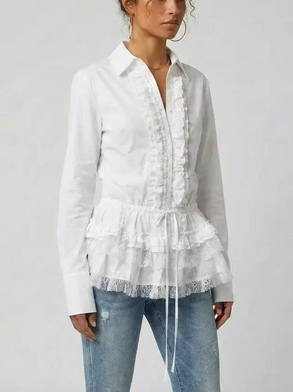 Ruffled White Cotton Shirt - Tops