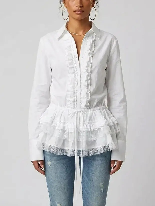 Ruffled White Cotton Shirt - Tops