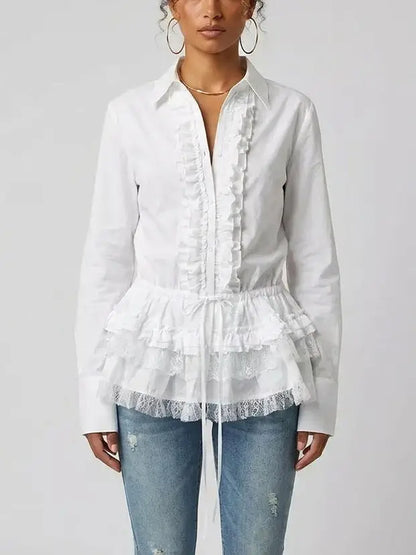Ruffled White Cotton Shirt - Tops