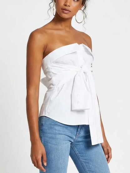 White Strapless Wrap Sleeve Shirt Top - Tops