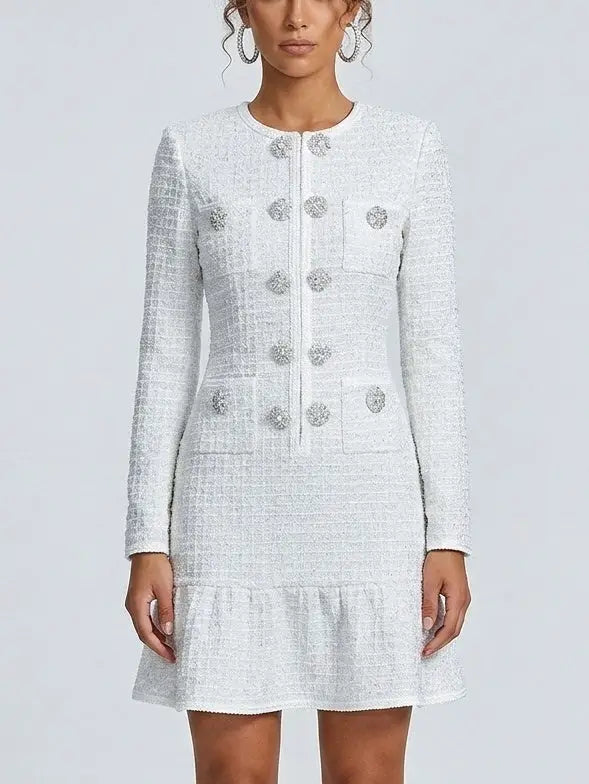 White Waffled Tweed Knit Mini Dress - Dresses