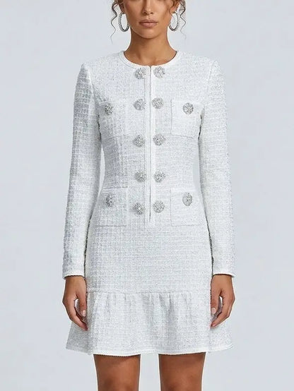White Waffled Tweed Knit Mini Dress - Dresses