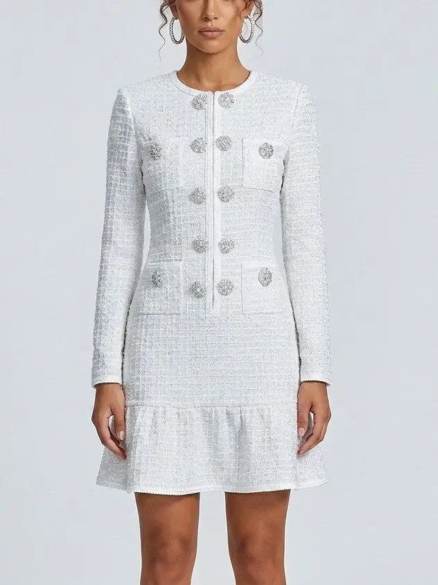 White Waffled Tweed Knit Mini Dress - Dresses