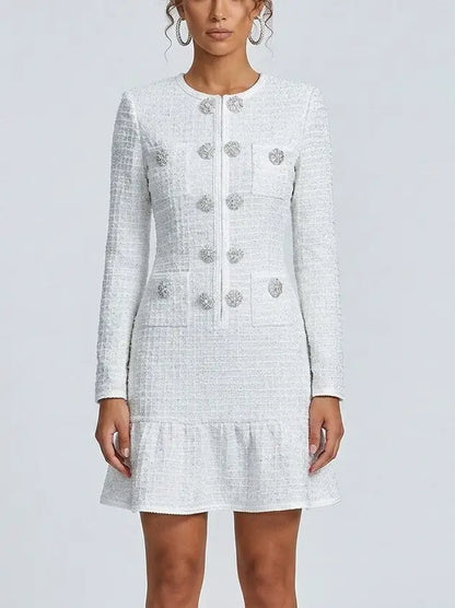 White Waffled Tweed Knit Mini Dress - Dresses