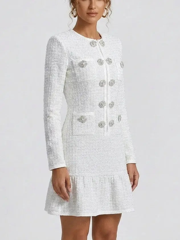 White Waffled Tweed Knit Mini Dress - Dresses