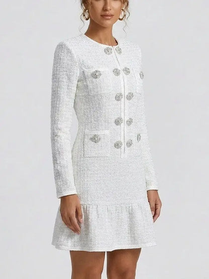 White Waffled Tweed Knit Mini Dress - Dresses