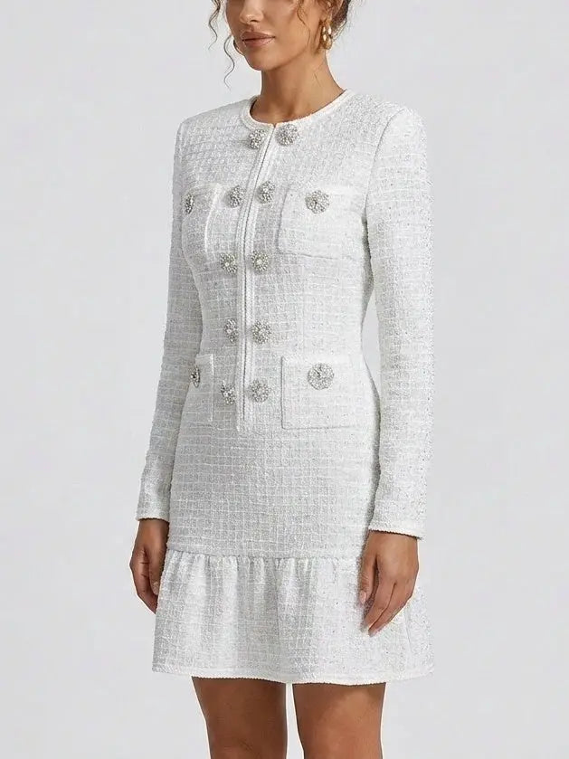 White Waffled Tweed Knit Mini Dress - Dresses