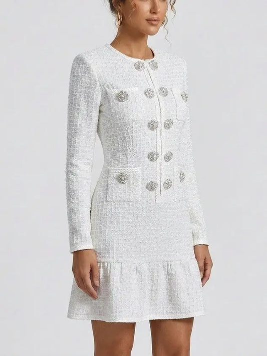 White Waffled Tweed Knit Mini Dress - Dresses