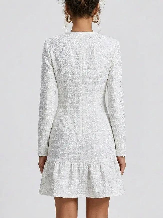 White Waffled Tweed Knit Mini Dress - Dresses