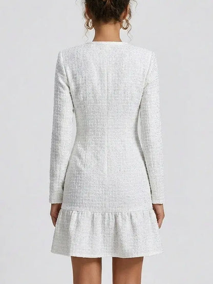 White Waffled Tweed Knit Mini Dress - Dresses