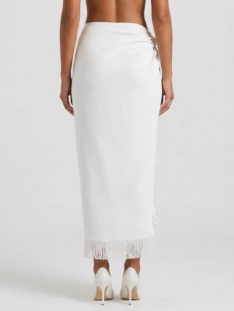 White Wrap Maxi Skirt with Fringe Trim - Skirts