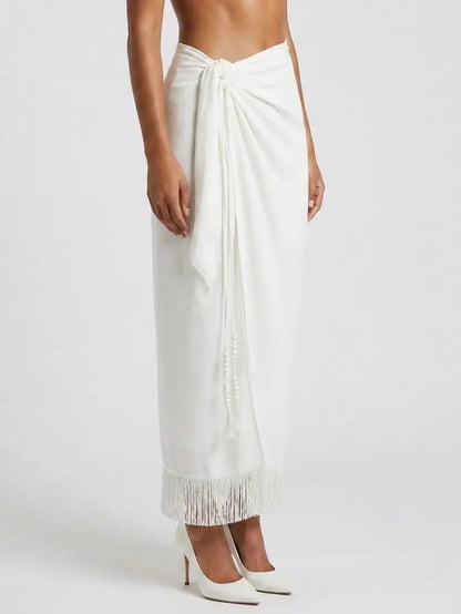 White Wrap Maxi Skirt with Fringe Trim - Skirts
