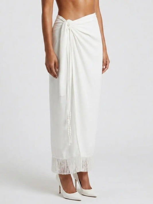 White Wrap Maxi Skirt with Fringe Trim - Skirts