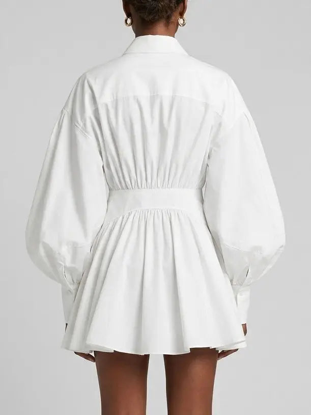 White Wrap Shirt Dress with Balloon Sleeves - Dresses